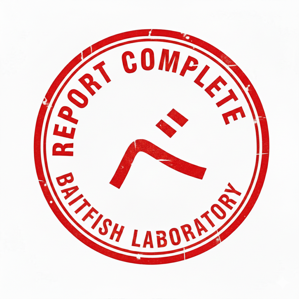 べいとらぼ。の実釣検証が完了したことを示す独自の赤いスタンプ。釣行データをまとめ、研究報告を締めくくるサイトの修了証。