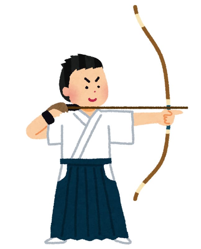 人が左手をまっすぐ伸ばし、右手を胸や顎のあたりに引き寄せて糸を構えているイラスト