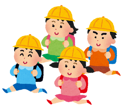 視認性の高さを説明するための、黄色い帽子を被った登下校中の小学生のイラスト