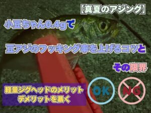 【真夏のアジング】34（リーティフォー）の豆アジ用ジグヘッド『小豆ちゃん0.4g』を使ってフッキング率を上げるコツと限界を解説したアイキャッチ画像