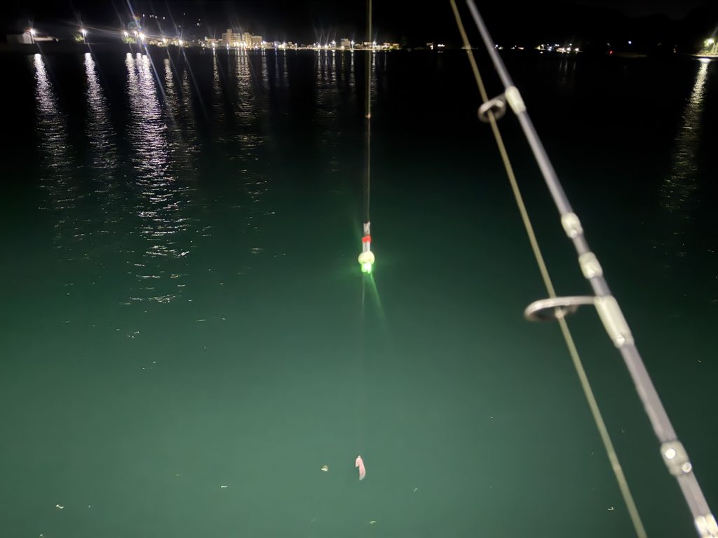 夜間の海面で光るシャローフリークプチ(ケミホタル装着状態)とズームサファリ404UL